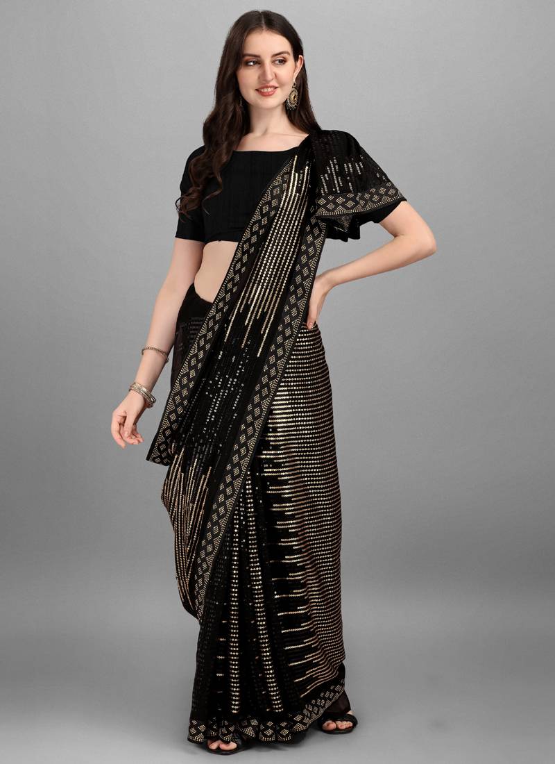 Black Golden Heavy Georgette Sequence Embroidery Saree