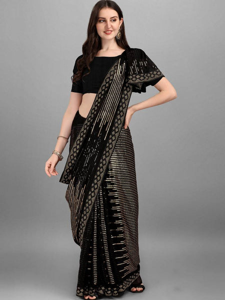 Black Golden Heavy Georgette Sequence Embroidery Saree