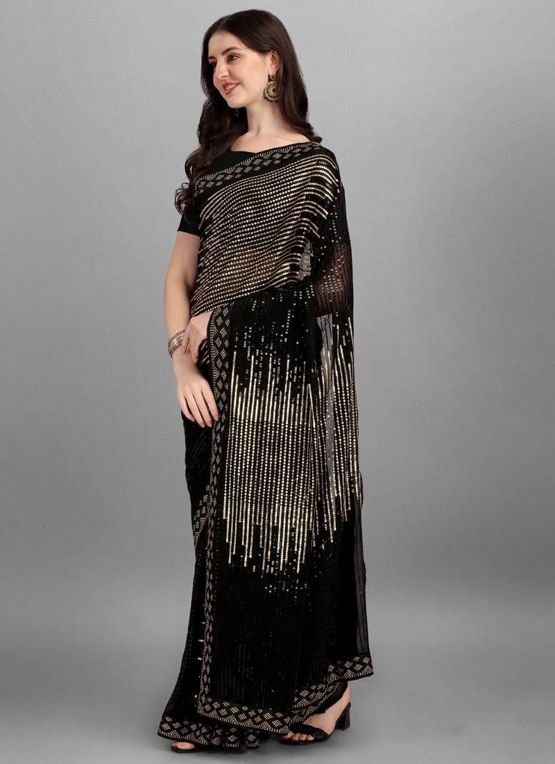Black Golden Heavy Georgette Sequence Embroidery Saree