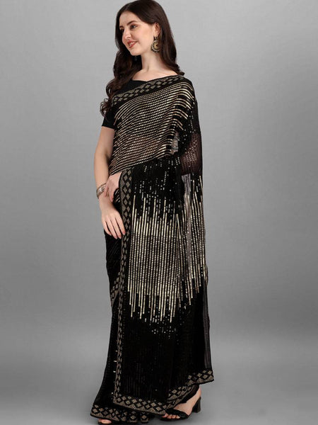 Black Golden Heavy Georgette Sequence Embroidery Saree