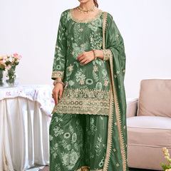 Dark-Green Embroidery Chinon Silk Salwar Suit