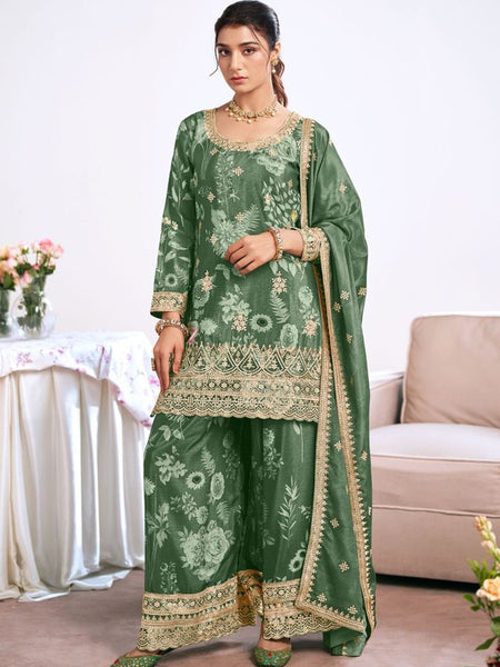 Dark-Green Embroidery Chinon Silk Salwar Suit