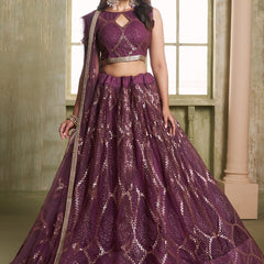 Wine Butterfly Net Thread Sequence Lehenga Choli