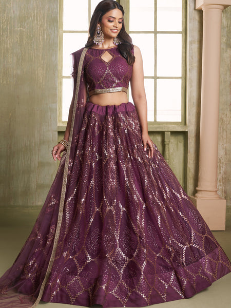 Wine Butterfly Net Thread Sequence Lehenga Choli