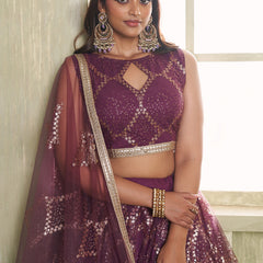 Wine Butterfly Net Thread Sequence Lehenga Choli
