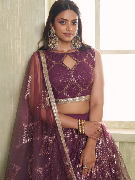 Wine Butterfly Net Thread Sequence Lehenga Choli