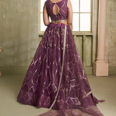 Wine Butterfly Net Thread Sequence Lehenga Choli