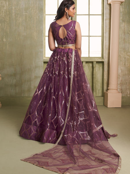 Wine Butterfly Net Thread Sequence Lehenga Choli