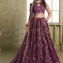 Wine Butterfly Net Thread Sequence Lehenga Choli