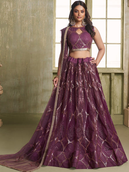 Wine Butterfly Net Thread Sequence Lehenga Choli