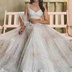 Off White Butterfly Net Thread Sequins Lehenga Choli