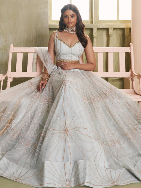Off White Butterfly Net Thread Sequins Lehenga Choli