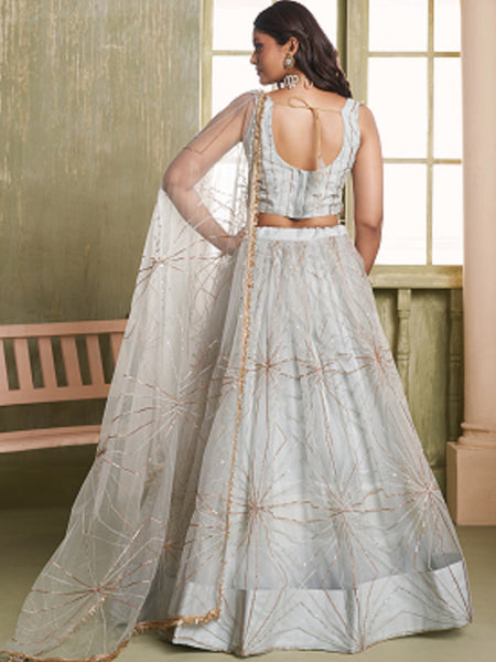 Off White Butterfly Net Thread Sequins Lehenga Choli