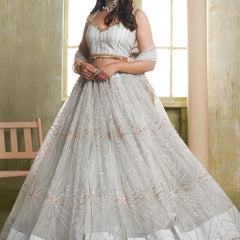 Off White Butterfly Net Thread Sequins Lehenga Choli