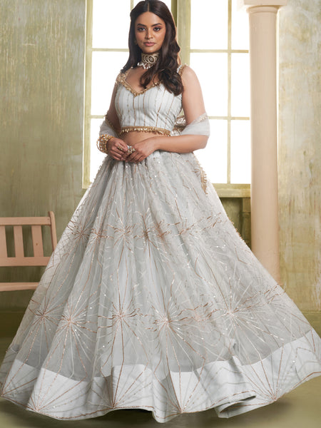 Off White Butterfly Net Thread Sequins Lehenga Choli