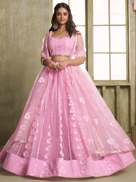 Baby Pink Butterfly Net Thread Sequins Lehenga Choli