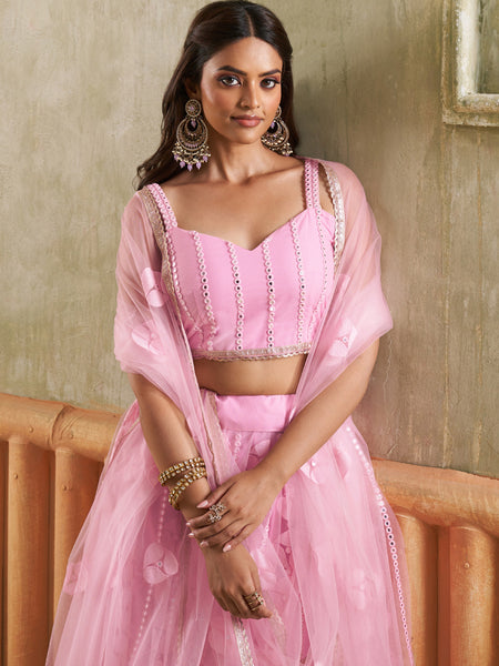 Baby Pink Butterfly Net Thread Sequins Lehenga Choli