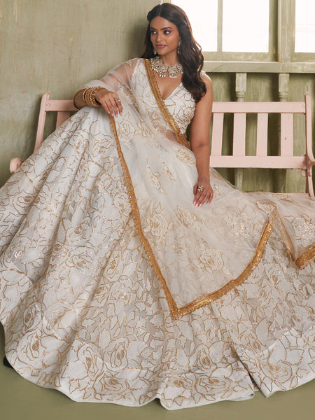 Off White Butterfly Net Thread Sequins Designer Lehenga Choli