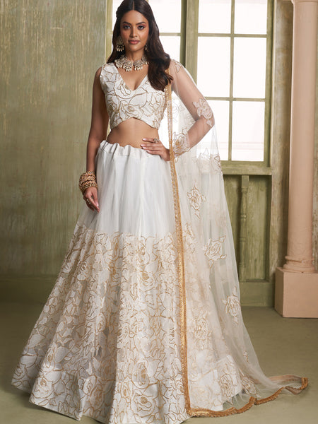 Off White Butterfly Net Thread Sequins Designer Lehenga Choli