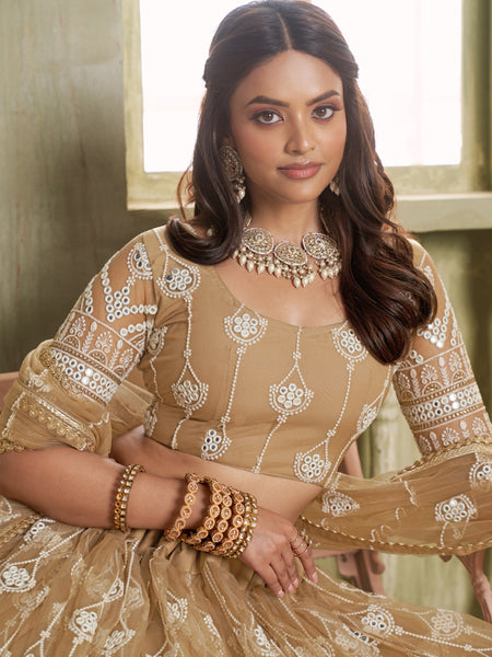 Beige Butterfly Net Thread Sequins Lehenga Choli