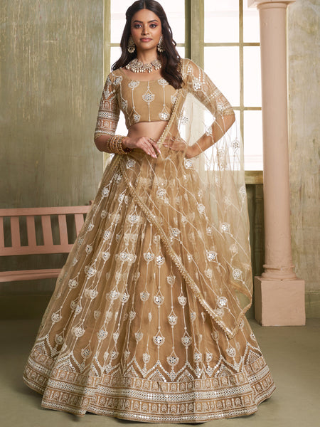 Beige Butterfly Net Thread Sequins Lehenga Choli