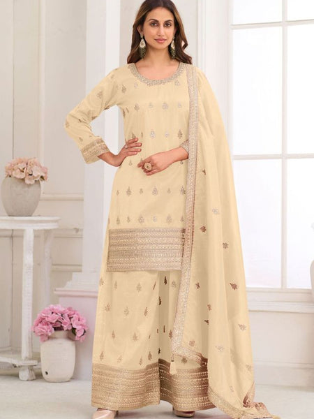 Cream Embroidery Real Simar Silk Salwar suit