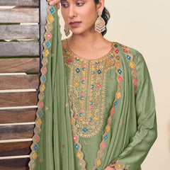 Pista Green Chinon Silk Embroidered Lehenga Style Suit