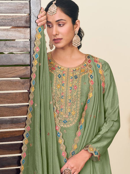 Pista Green Chinon Silk Embroidered Lehenga Style Suit