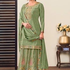 Pista Green Chinon Silk Embroidered Lehenga Style Suit
