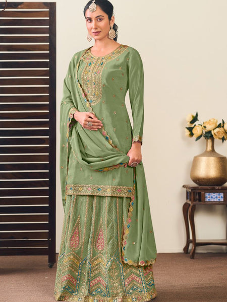 Pista Green Chinon Silk Embroidered Lehenga Style Suit