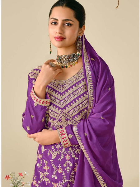 Violet Premium Chinon Embroidered Palazzo Suit