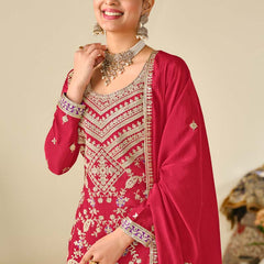 Red Premium Chinon Embroidered Palazzo Suit
