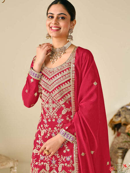 Red Premium Chinon Embroidered Palazzo Suit