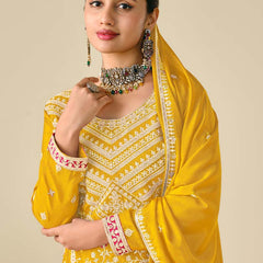 Yellow Premium Chinon Embroidered Palazzo Suit