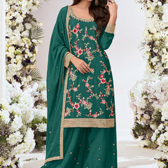 Green Chinon Silk Embroidered Palazzo Suit