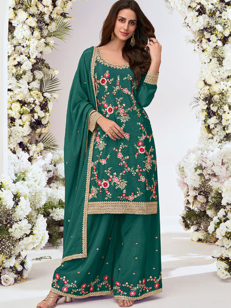 Green Chinon Silk Embroidered Palazzo Suit