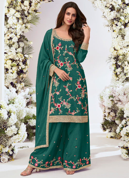 Green Chinon Silk Embroidered Palazzo Suit