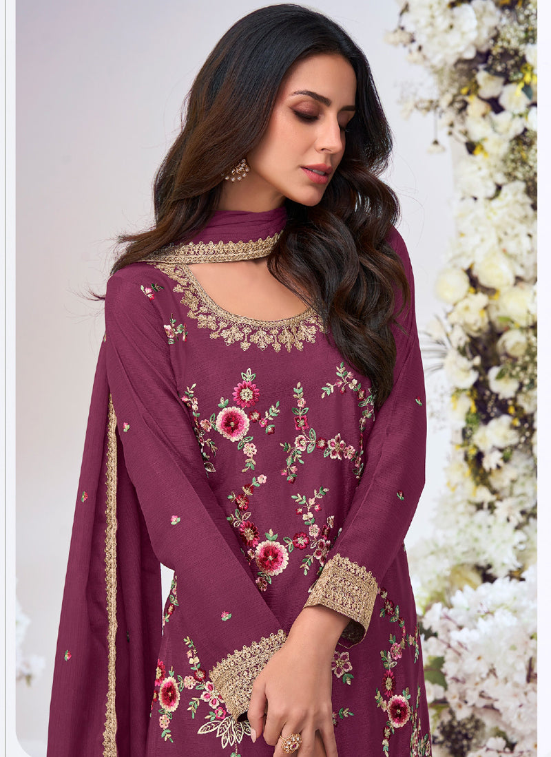 Wine Chinon Silk Embroidered Palazzo Suit