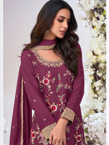 Wine Chinon Silk Embroidered Palazzo Suit