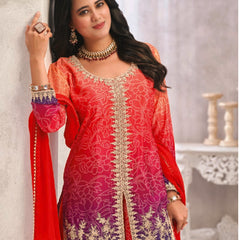 Red Premium Chinon Embroidered Palazzo Suit