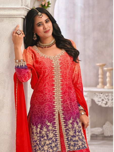 Red Premium Chinon Embroidered Palazzo Suit