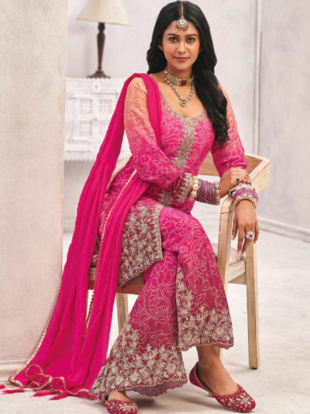 Pink Premium Chinon Embroidered Palazzo Suit