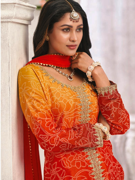 Orange Premium Chinon Embroidered Palazzo Suit