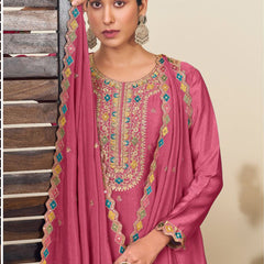 Peach Chinon Silk Embroidered Lehenga Style Suit