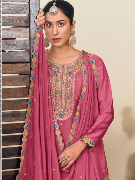 Peach Chinon Silk Embroidered Lehenga Style Suit