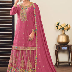 Peach Chinon Silk Embroidered Lehenga Style Suit