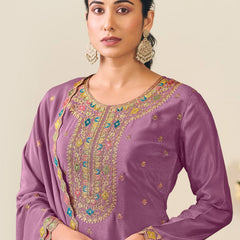 Lavender Chinon Silk Embroidered Lehenga Style Suit