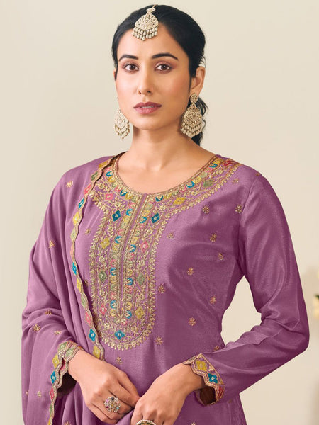 Lavender Chinon Silk Embroidered Lehenga Style Suit