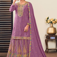 Lavender Chinon Silk Embroidered Lehenga Style Suit