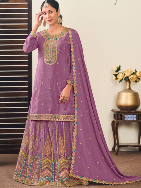 Lavender Chinon Silk Embroidered Lehenga Style Suit